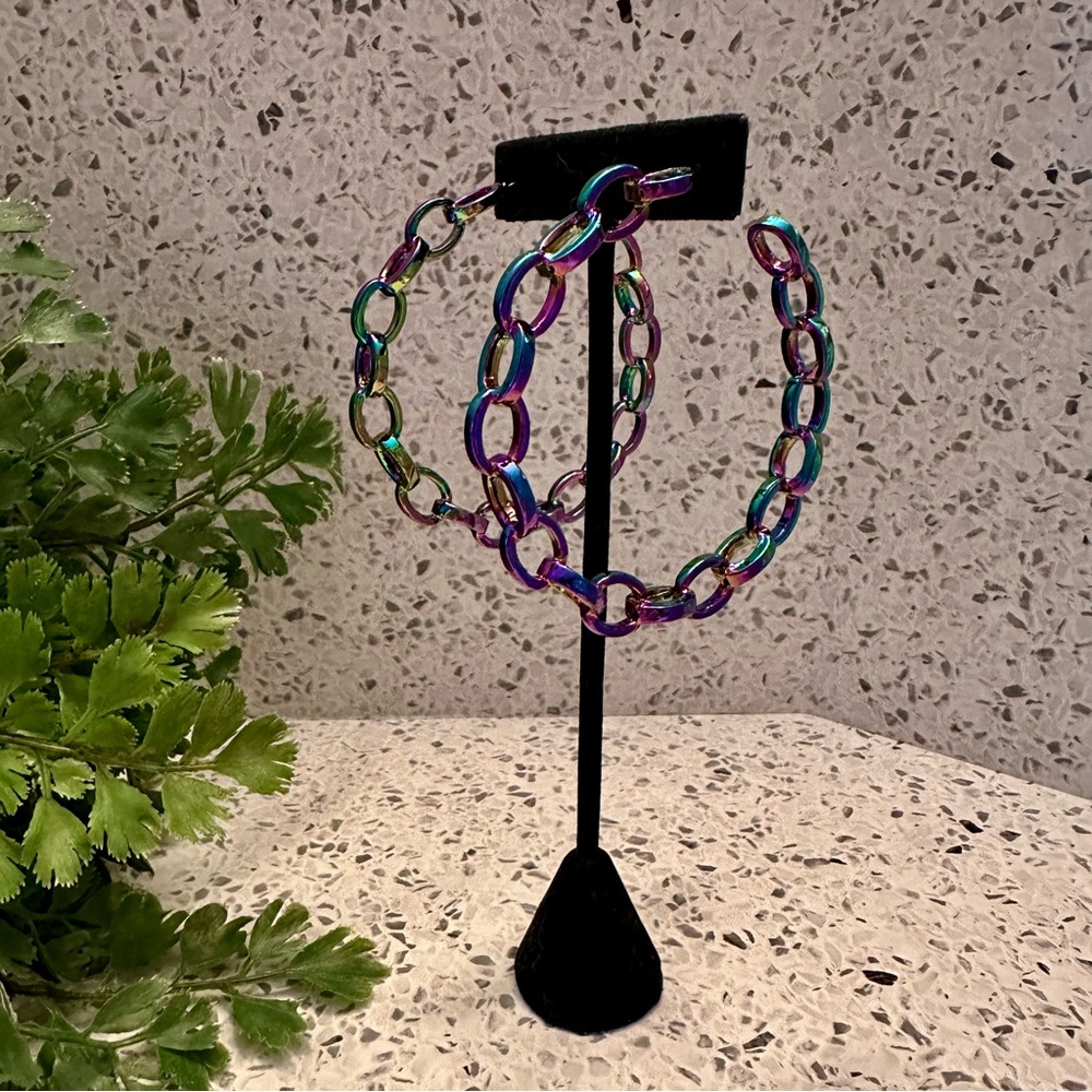 Iridescent rainbow colors large metal hoop earrings